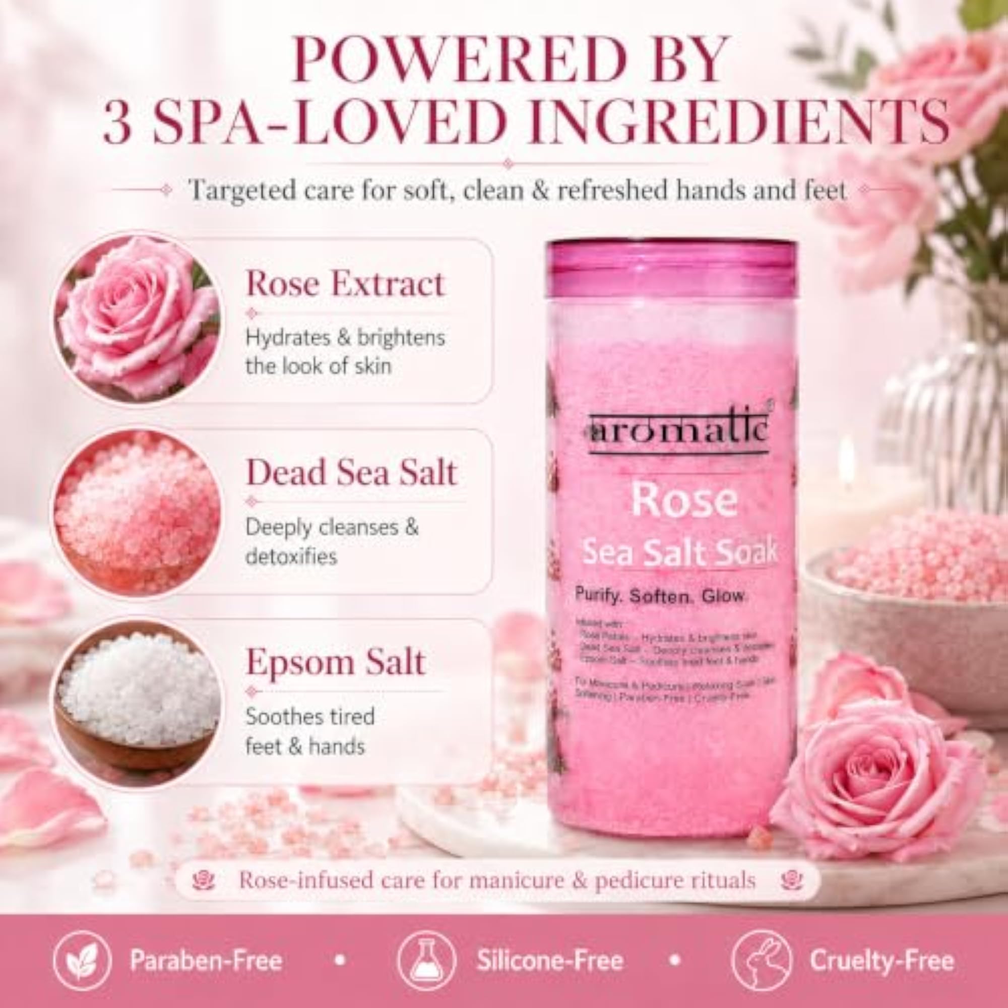 Rose Sea Salt Soak for Manicure & Pedicure, Deep Cleansing