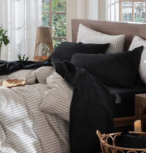 Image of MooMee Sheet Set 100% Washed Cotton Linen-Like Extra Deep Pocket King | Relaxed Linen-like Texture. Soft, Breathable & Lightweight Comfort. 15-19 inch Extra Deep Pocket with All-around Elastic