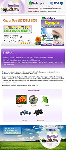 Eyepia Healthy Eyes and Vision Support Supplement 90 V CAPS - Lutein 20 mg and Zeaxanthin, Bilberry, Eyebright, Black Current, and Ginko Biloba Leaf Extract