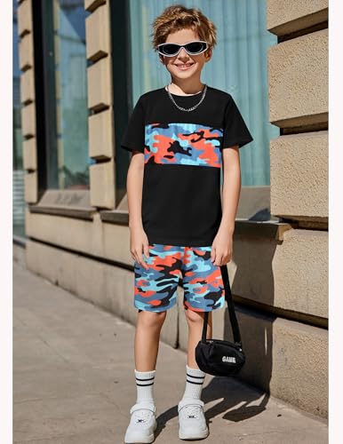 Image of Arshiner Boys' 2-Piece Cotton Outfit Color Block T-Shirt and Shorts Set Summer Camo Clothes for Kids 5-14 Years