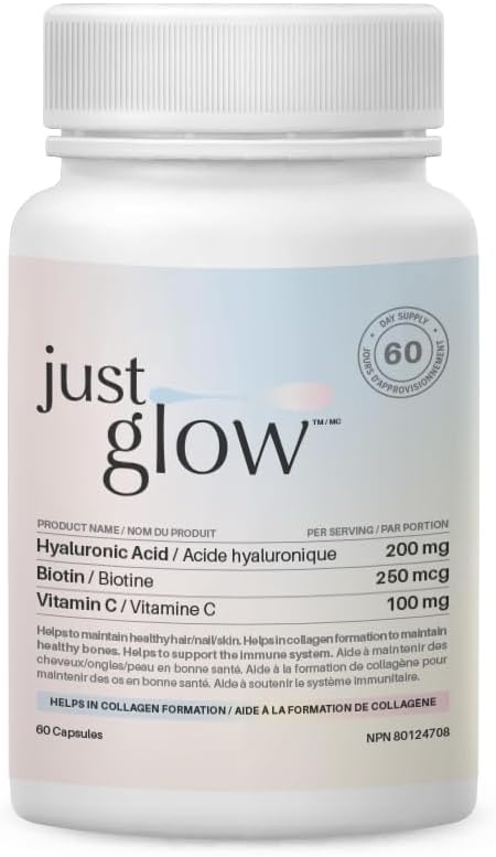 Just Glow Hyaluronic Acid 200mg with Vitamin C and Biotin – 60 Veggie Capsules for Collagen Formation, Immune System Support, Skin & Joint Health – Made in Canada Just Glow Hyaluronic Acid 200mg with Vitamin C and Biotin – 60 Veggie Capsules for Collagen Formation, Immune System Support, Skin & Joint Health – Made in Canada