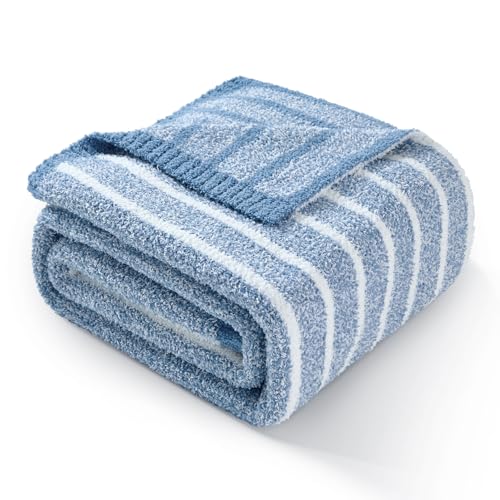 Image of Snuggle Sac Ultra Soft Blue Throw Blanket for Couch, Reversible Cozy Knitted Ribbed Blankets, Fuzzy Knit Striped Throws for Sofa, Bed, Home Decor, Blue 50 inchx60 inch