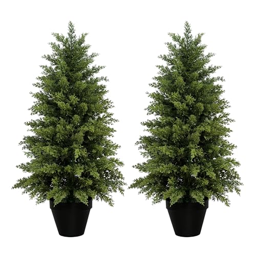 2 Pack 3ft Artificial Cedar Trees for Outdoors (UV Resistant), Potted Faux Cedar Topiary Plants for...