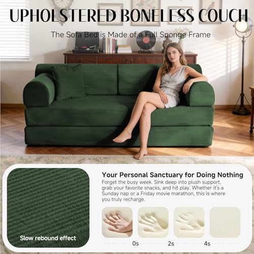 Image of 79'' Convertible Sofa Bed, 6 in 1 Folding Floor Futon Couch Sleeper with Fixed Frame, Corduroy Modular Sofa Bed with Removable Armrests & Pillows, No Assembly for Living Room Bedroom (Green)