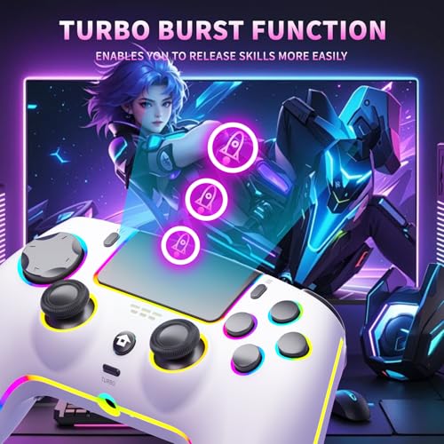 Image of SZDILONG Wireless Controller with 7 Colors RGB Light for PS5 Pro /Slim,MAC,iOS,Steam,PC Windows /Android 10 and Above,Support Hall Sticks /Turbo /Programmable /Dual Vibration, with 3.5mm Audio Jack, White