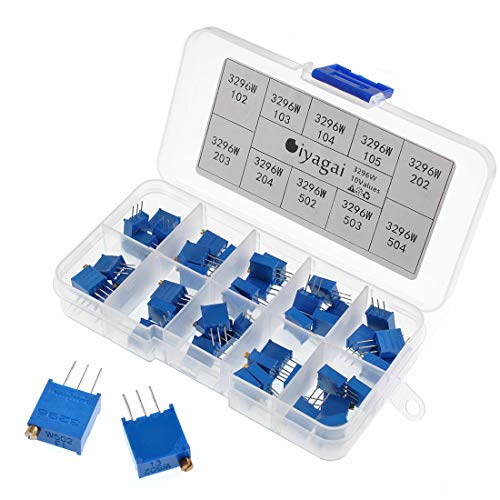 Oiyagai 100pcs 3296W Multiturn Potentiometer Kit, 10 Values 1K–500K Ohm Adjustable Trimmer Resistors Assortment Set with Storage Box for Arduino, Circuit Board, DIY Projects