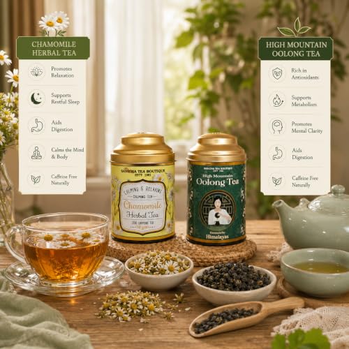 Image of Sancha Tea Boutique, Tea Combo Pack: Chamomile Herbal (50g) & High Mountain Oolong Teas (50g), Loose Leaves, Supports Calming & Weight Relief