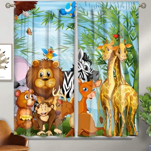 IFFVGX Animal Forest Curtains 42 x 63 Inch Rod Pocket for Kids Cartoon Zoo Theme Window Drapes Jungle Safari Wildlife Elephant Giraffe Lion Print Pattern Curtains Decorative Fabric 2 Panels
