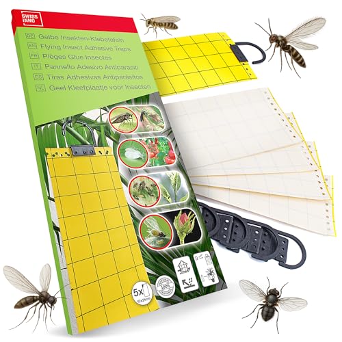 SWISSINNO Pannelli Adesivi Gialli – 5 Trappole Appiccicose per Mosche, Zanzare, Moscerini, Tarme e Insetti Volanti – Efficace Controllo per Casa, Giardino e Balcone