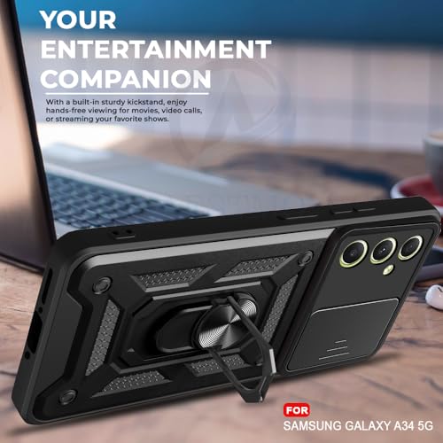 Image of AESTMO Tough Armor Samsung A34 5G Bumper Back Case Cover | Ring Holder & Sliding Camera Shield Cover | 360 Degree Protection Back Case Cover for Samsung A34 5G (Black)