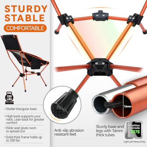 Image of MARCHWAY Lightweight Folding High Back Camping Chair with Head Support, Stable Portable Compact for Outdoor Camp, Travel, Beach, Picnic, Festival, Hiking, Backpacking (Highback Orange)