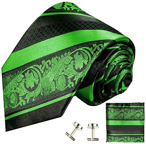 Extra Long Green and Black Paul Malone Silk Necktie, Pocket Square and Cufflinks Set