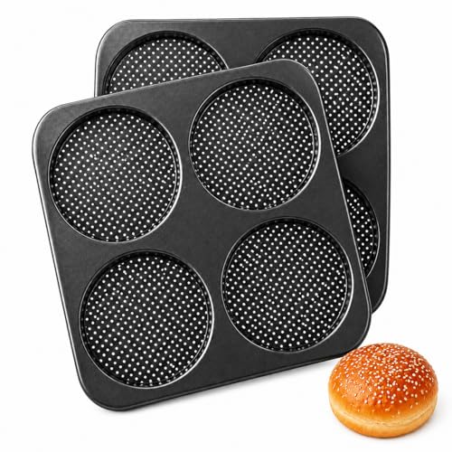 EATHEATY 4-Cavity Large Hamburger Bun Pan Set of 2-5 Inch Perforated Carbon Steel Burger Bun Mold for Baking - Non-Stick Bread Baking Sheet for Homemade Sourdough Mini Pizzas Oven Safe