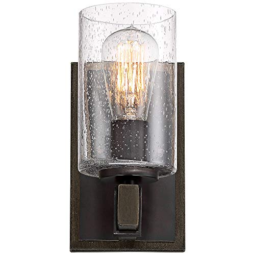 Image of Franklin Iron Works Poetry Industrial Farmhouse Rustic Wall Light Sconce Bronze Wood Grain Hardwired 4 3 /4 inch Fixture Clear Seedy Glass Shade for Cottage Core Bedroom Bedside Bathroom Vanity
