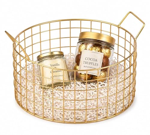Craft Brio -A TRENDY HANDICRAFTS Multi-Purpose Metal & Gold Finish Wire Round Basket (Gold, Medium,...