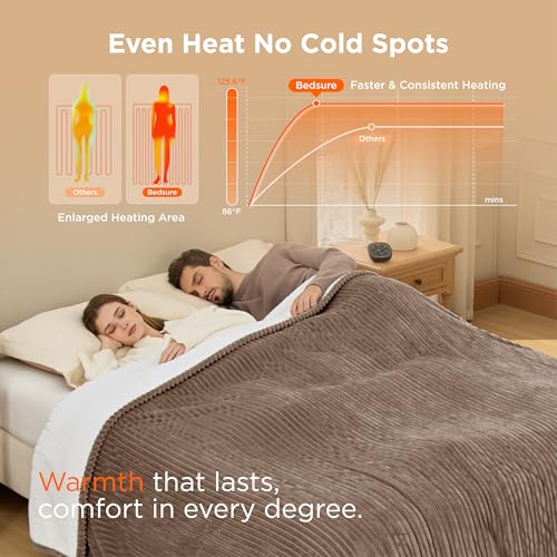 Image of Bedsure GentleSoft Electric Blanket Queen Size - Soft Ribbed Flannel Heated Blanket with Dual Control, Heating with 10 Heat Settings & 10 Time Settings, 8 hrs Timer Auto Shut Off (84x90 inches, Brown)