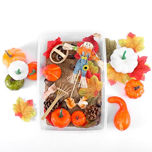 Beeveer 94 Pcs Fall Sensory Bin Fillers for Kids Fall Thanksgiving Fine Motor Toys Autumn Counting Sorting Toy with Leaves Squirrels Pumpkins Scarecrow Pine Cones for Preschool Education Activities