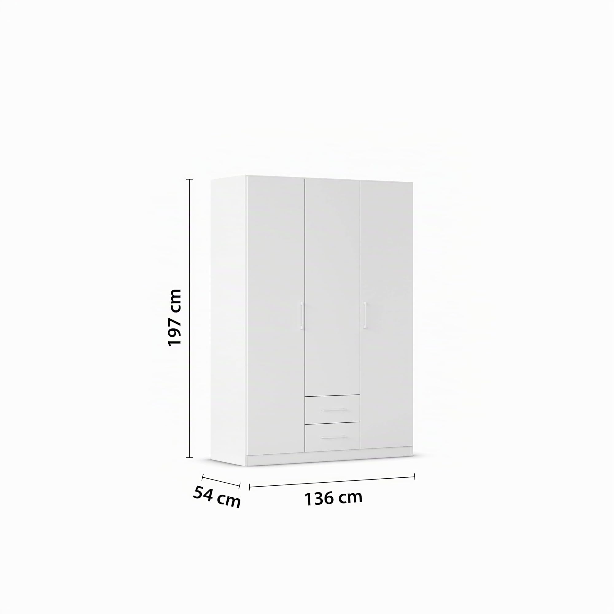 Rauch Möbel Belfast Armoire Chambre, penderie, vestiaire, Armoire de Rangement, 3 Portes, 2 tiroirs, Couleur Blanc, poignée à Barre Blanche, 136x197x54cm