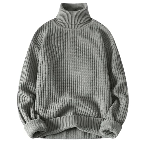 Men’S Turtleneck Long Sleeve Thread Sweater Solid Color Thick Knitted Warm Business Casual Pullover Sweater