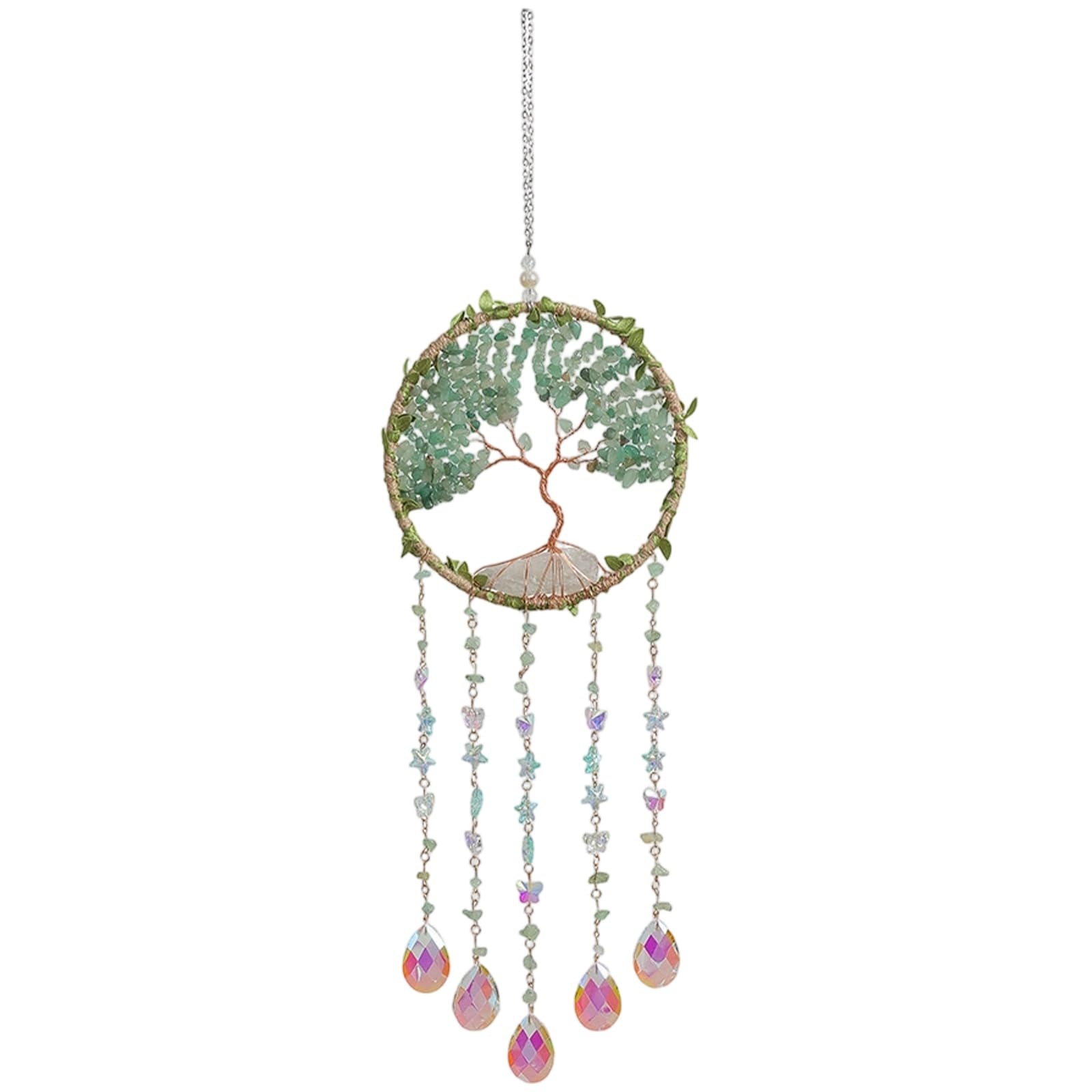 Artisanal Craft Crystal Beads Tree Dreamcatchers with Metal Wire Windchimes Spiritual Home Decoration for Bedroom Crystal Tree Dreamcatchers Spiritual Windchimes Ornament Ethnic Tassels Wall Art