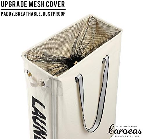 Caroeas Cloth Clothes Basket, 24" Handy Hanging Laundry Baskets Tall & Slim Hamper Collapsible Travel Laundry basket with Breathable Mesh Cover & Soft Handle Laundry Hamper (Beige1)