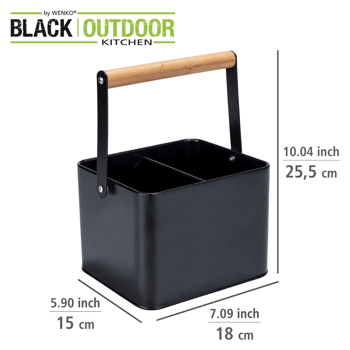 WENKO Kosz na przybory mod. Baco, kosz do noszenia z metalu z elastycznym drewnianym uchwytem, idealny do transportu sosów, Black Outdoor Kitchen