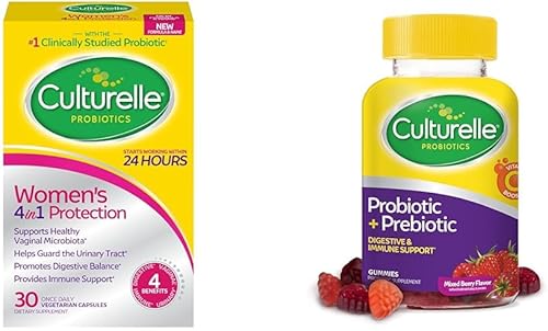 Culturelle Probióticos 4 en 1 para mujeres para salud digestiva y vaginal con gomitas probióticas diarias para hombres y mujeres, salud digestiva,