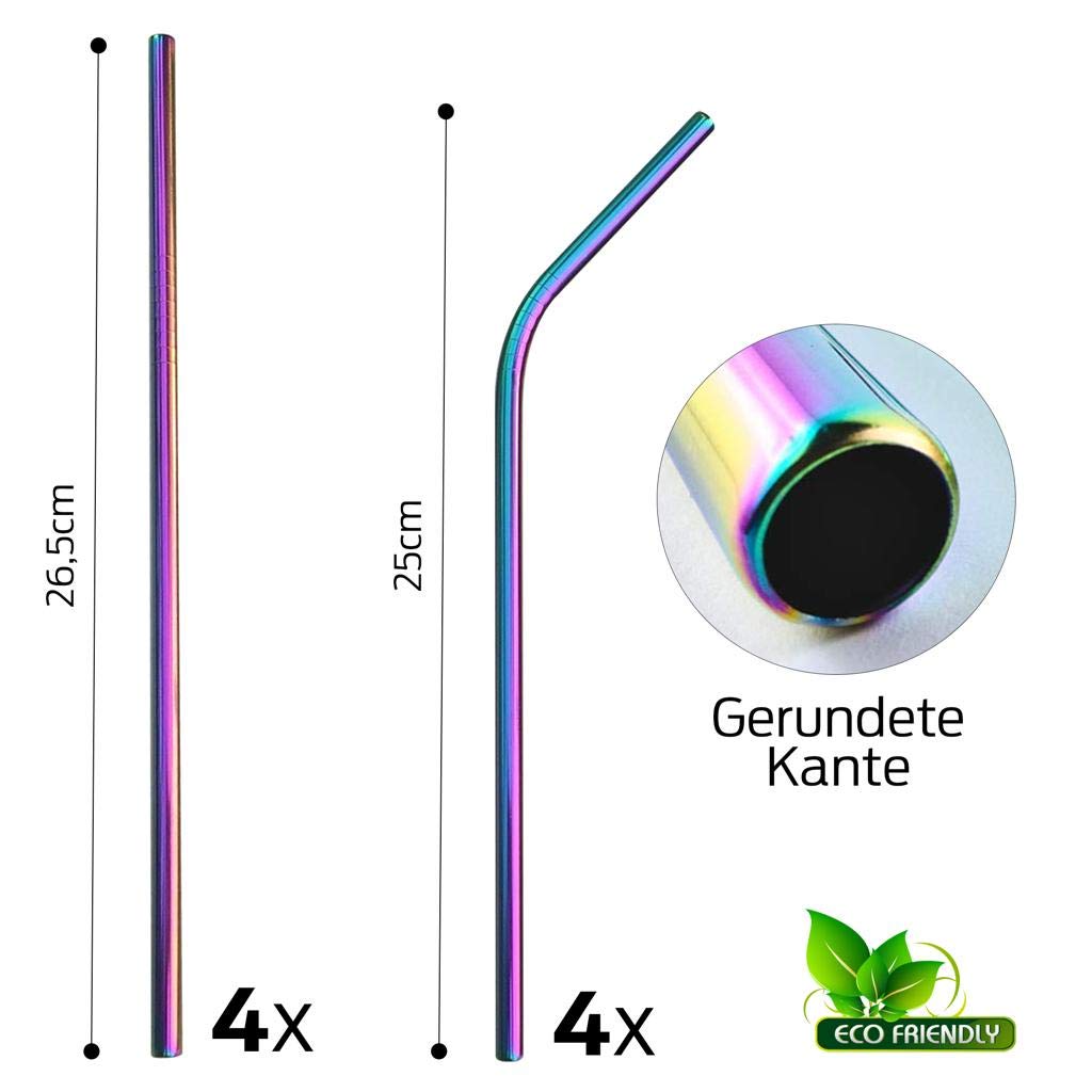 Cannucce in acciaio inox colorate riutilizzabili, corte e lunghe arcobaleno cannucce con spazzole di pulizia per le cannucce in set, Acciaio INOX Bambù, 26,5 cm