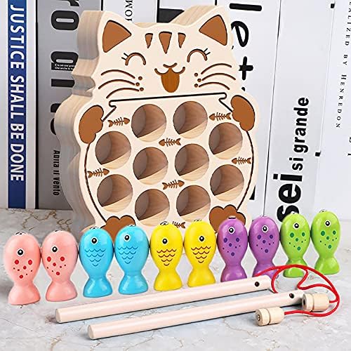 Nukdey Wooden Fishing Game Magnetic Cat-Shape Fishing Toy Montessori Toys for Toddlers Fish Catching Board Preschool Gifts for 2 3 4 5 Year Old Boys and Girls Kids Toddlers