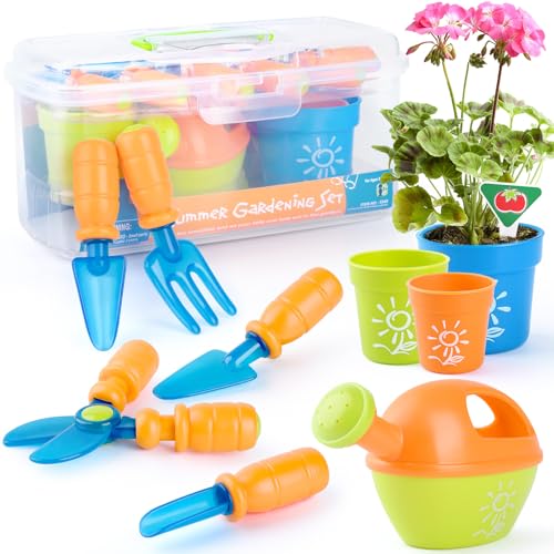 PLAY Kids Gardening Set, Garden Tool Set for Kids, Gardening Tools Kit with Shovel, Fork, Spade, Scissors, Flower Pot, Watering Can and Storage Box, Summer Outdoor Toys for Toddlers Boys Girls Gift