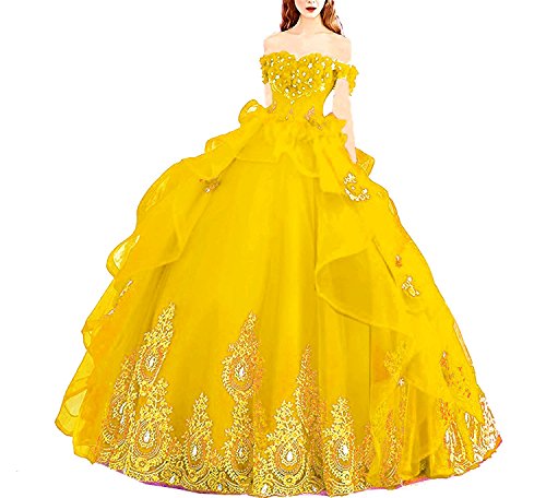 Modeldress Off Shoulder Sweet 16 Prom Ball Gown Beaded Cosplay Princess Quinceanera Dresses Yellow US14