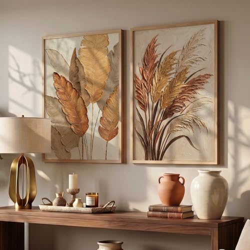 Image of kotart Golden Leaf Art Wall Painting Home Decoration With Frame For Living Room Bed Room Hotel Wall Decor Digital Reprint Engineered Wood Set of 2 (14 X 20 INCH)