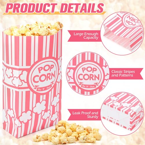 Image of 200 Pcs Paper Popcorn Bags Bulk 2 oz Large Flat Bottom Boxes Red and White Disposable Container Sleeve Movie Night Popcorn Bucket for Retro Movie Themed Party Carnival Supplies (Pink and White)