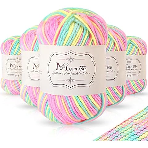 Maxee 250g(5x50g) Baumwollgarn Farbverlauf, Häkelgarn Mehrfarbiger, Wolle zum Häkeln, Sockenwolle zum Stricken, Baumwolle Garn zum Häkeln von Socken, Mützen, Schals, Pullovern (Regenbogen) Cover