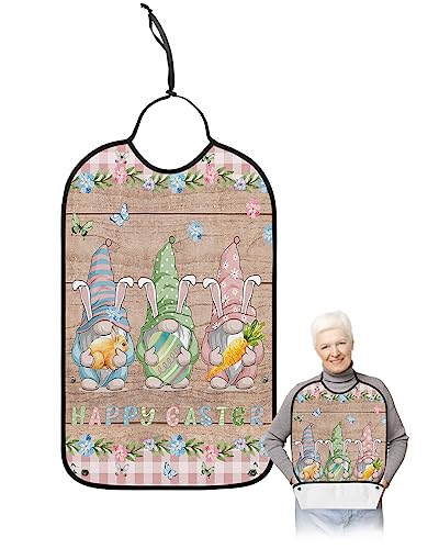 Spring Easter Adult Bibs for Eating, Waterproof Bibs with Food Catcher & Adjustable Snap Closure, Green Plaid Bunny Ears Gnomes Colorful Eggs Wood Clothing Protectors Adult Bibs for Elderly Women/Men