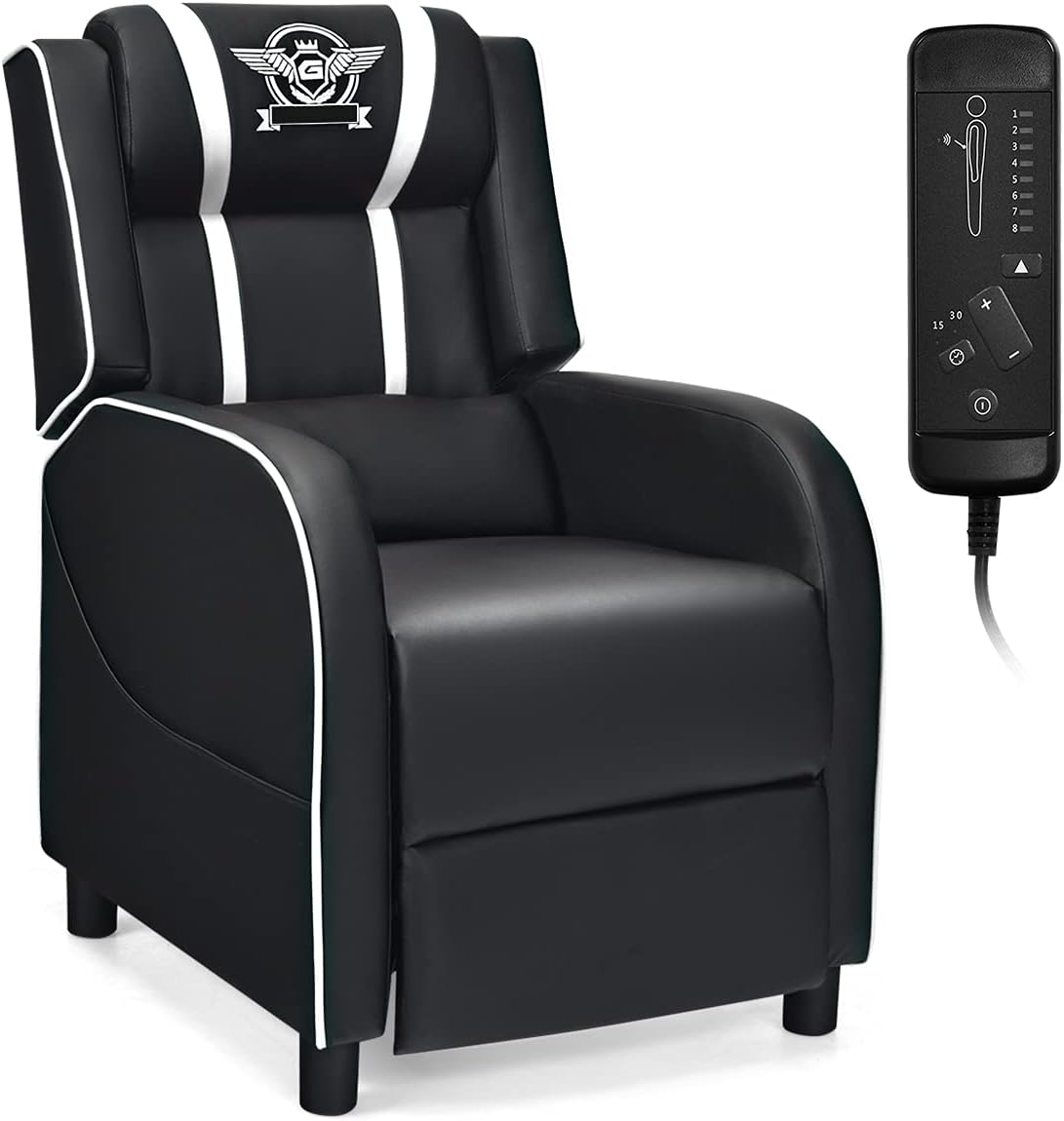 Gaming Recliner Chair, Adjustable Massage Gaming Chairs for Adults, Ergonomic Comfortable Lounge Leather Sofa w/Footrest, Remote Control, Side Pocket, Racing Style Single Sofa Recliners, White