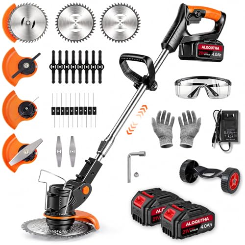 Cordless Electric Weed Wacker with Wheels 21V Battery Powered 3-in-1 Weed Eater & Brush Cutter 3 Types Cutting Blades 2 X 4.0Ah Batteries for Lawn Yard & Garden Care