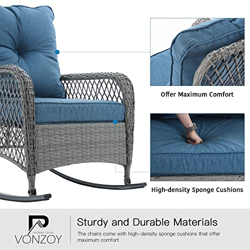 Patio Furniture Set 3 Pieces, Wicker Rocking Bistro Set with Thick Cushions, Outdoor Rocker Chairs and Coffee Table for Porch, Backyard or Garden (Blue) - Image 7