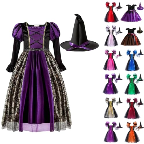Girls Halloween Witch Dress Costume Tutu Dresses Outfits Toddler Co𝐬play Dress up Set Party Photo Outfit W/Hat Accessories3