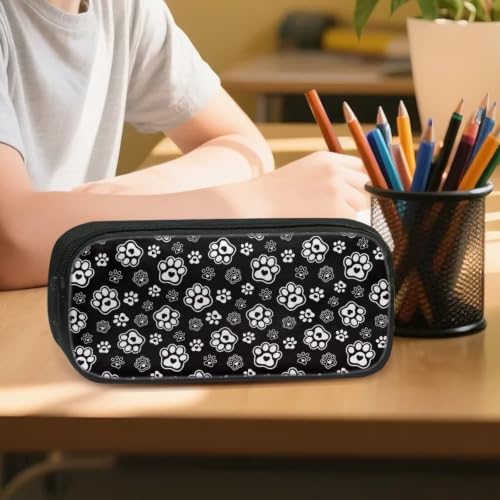 Image of Pencil Case, Pen Pouch Bag for Kids Students School Supplies | Black White Paw Print Print,polyester fabric,wear-resistant and easy to clean,zipper design gift for boys and girls