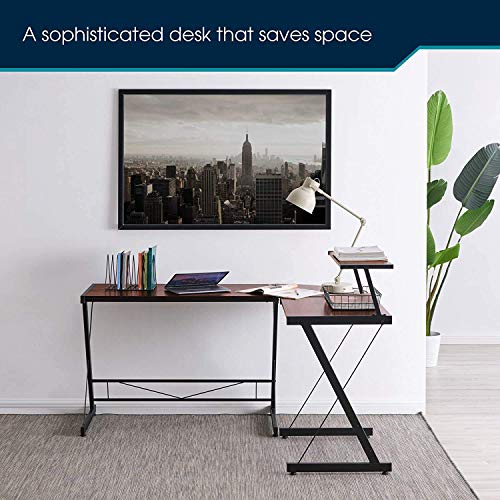 Halter L Shaped Desk, Gaming Computer Corner Desk for Small Spaces with Monitor Shelf, Modern Home Office L Desk, Writing Study, Workstation, Brown, 59 Inches