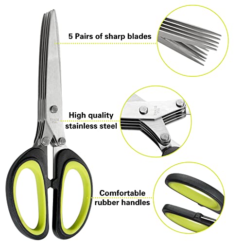 Limehill Herb Scissors Crinkle Cutter - Master Culinary Multipurpose Cutting Shears With Stainless Steel 5 Blades, Herb Stripper, Safety Cover And Cleaning Comb For Cutting (Green) #TOP2