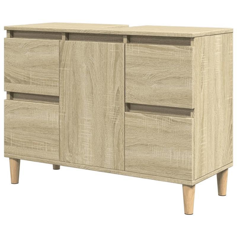 Eleganz Armario para lavabo de roble Sonoma, 80 x 33 x 60 cm, juego de muebles de baño de madera y madera maciza de eucalipto, duradero e impermeable, ahorra espacio para baños pequeños
