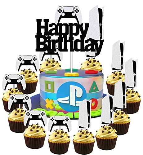 HAKPUOTR Video Game Cake Topper Set - 1 Large Cake Topper and 12 Controller Cupcake Toppers - PS5 Gamepad Cake Toppers for Boy's Men's Birthday Party Decoration or Baby Shower