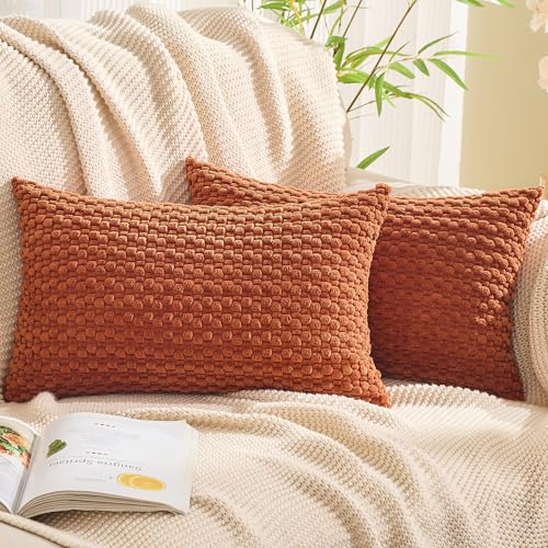 GAWAMAY Decorative Corduroy Throw Pillow Covers 12x20 Rust 2 Pack