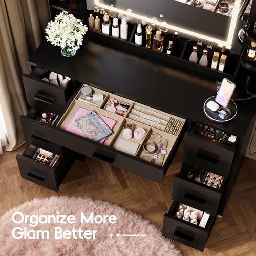 Image of Furmax Vanity Desk with Mirror with LED Light Strip, Makeup Vanity with 2 AC Outlets and1 USB&1 Type-C Port, 3 Modes Adjustable Lighting Mirror, Modern Ample Storage Drawers Dressing Table, Black