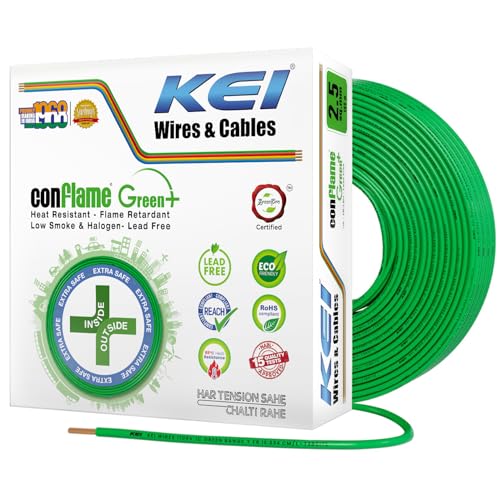 Image of KEI CONFLAME GREEN PLUS 2.5 sqmm 1 Core, 99.97% Pure Copper Conductor,FRLSH - Lead Less Insulation House Wire Suitable for Domestic & Industrial Electrical Wiring (Green, 180 Meters)