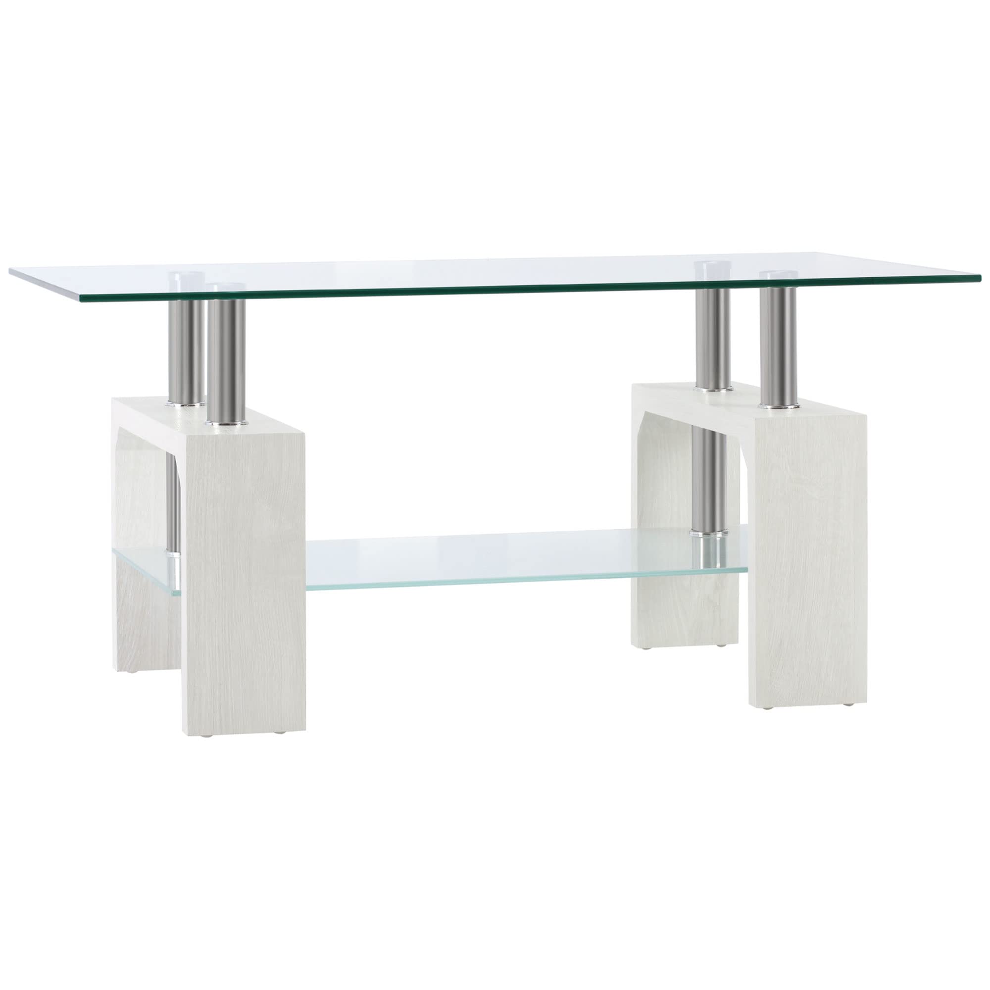HOMCOM Tavolino Salotto Moderno a 2 Livelli con Piano d'Appoggio in Vetro Temperato, Tavolino da Divano in Legno e Acciaio, Tavolo da Caffè per Soggiorno, 90x50x42 cm, Bianco