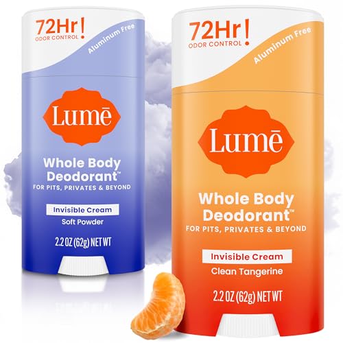 Image of Lume Whole Body Deodorant - Invisible Cream Stick - 72 Hour Odor Control - Doctor Developed - Aluminum Free, Baking Soda Free and Skin Loving - 2.2 Ounce (2 pack) (Soft Powder & Clean Tangerine)