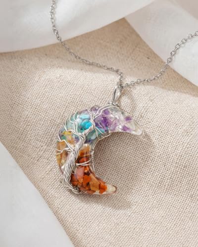 Image of Moon Chakra Necklace for Women - Healing Crystal Necklace Natural Stone Moon Pendant Wire Wrapped in Silver Tone - Gifts for Women & Friends, Mother's Day Gifts for Mom